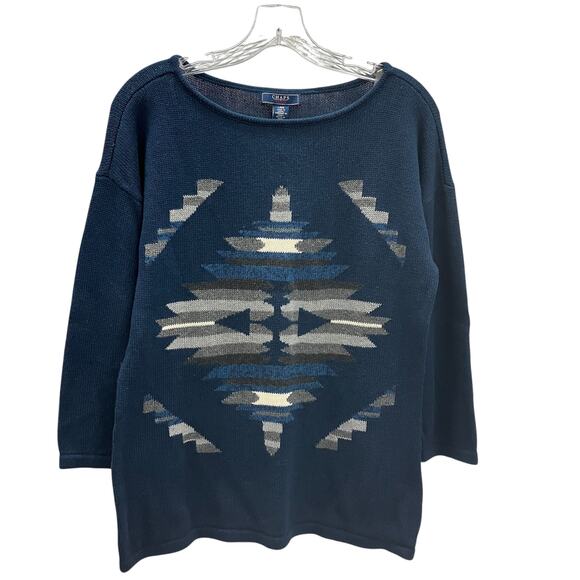 NWT Chaps Sweater 3/4 Sleeves L Southwestern Navy Blue Pullover Women's - Picture 2 of 12